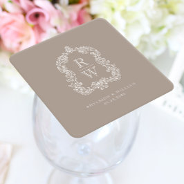 Porta-copo De Papel Quadrado Crestão de Monograma Vintage Nomes Casamento Bege