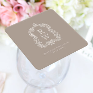 Porta-copo De Papel Quadrado Crestão de Monograma Vintage Nomes Casamento Bege