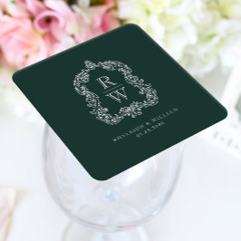 Porta-copo De Papel Quadrado Crestão de Monograma Vintage Nomes Casamento Verde