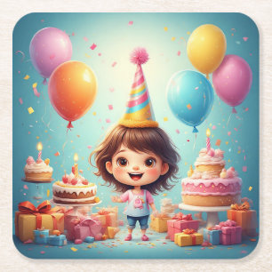 Porta-copo De Papel Quadrado Criança Alegre Celebrando Aniversário com Bolo