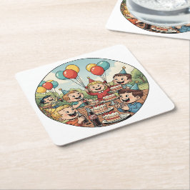 Porta-copo De Papel Quadrado Crianças Desfrutando de seus Bolos, Refrigerantes 