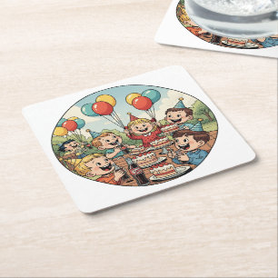 Porta-copo De Papel Quadrado Crianças Desfrutando de seus Bolos, Refrigerantes
