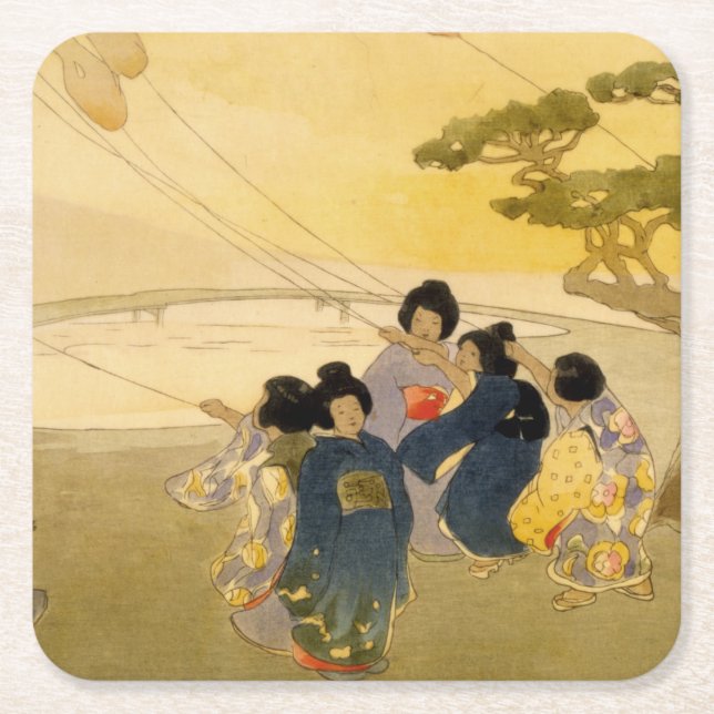 Porta-copo De Papel Quadrado Crianças Japonesas Voando pipas - Bertha Lum - 191 (Frente)