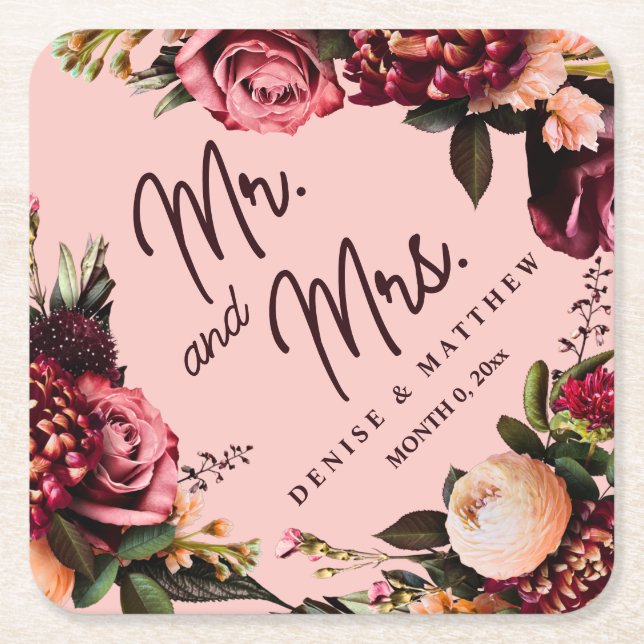 Porta-copo De Papel Quadrado Crisântemo Romântico sobre Rosa Teia de Aranha (Frente)