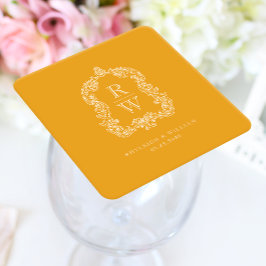 Porta-copo De Papel Quadrado Crista de Monograma Vintage Marigold Amarelo Casam