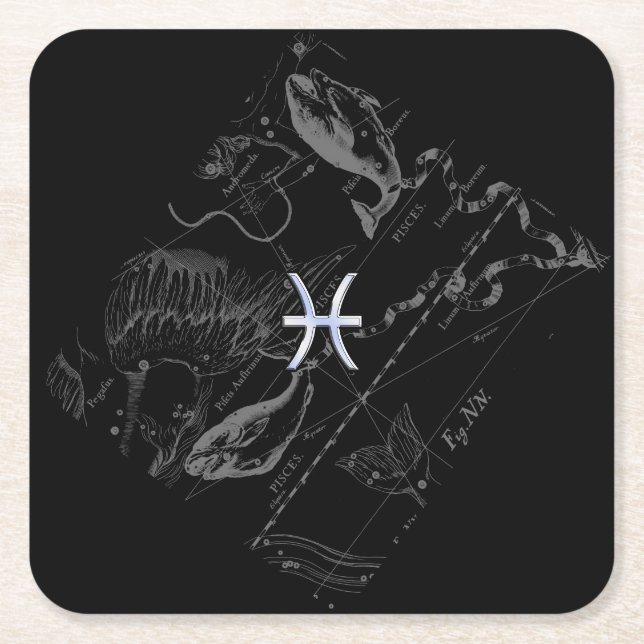 Porta-copo De Papel Quadrado Cromo como Peixes Zodiac Sign on Black Hevelius (Frente)