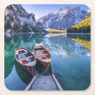 Porta-copo De Papel Quadrado Cumes da dolomite do lago Braies, Italia