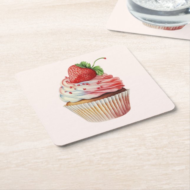 Porta-copo De Papel Quadrado Cupcake de morango deserto doce (Inclinado)