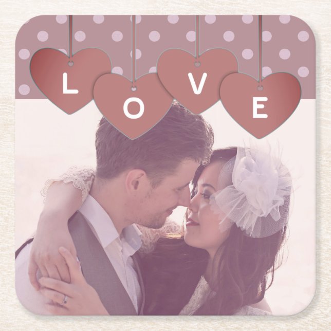 Porta-copo De Papel Quadrado Custom Love Hearts Banner Overlaid Custom Photo (Frente)