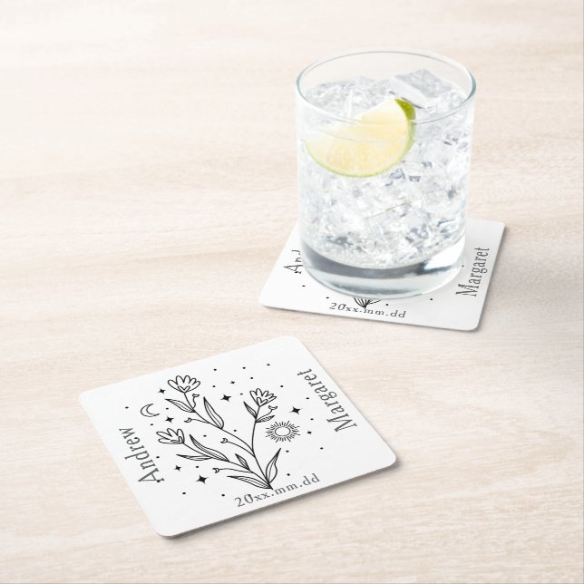 Porta-copo De Papel Quadrado Custom Name Black & White Floral  (Insitu)