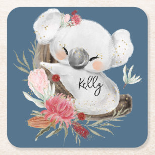 Porta-copo De Papel Quadrado Cute Baby Koala Dourado Speckle Nome Personalizado