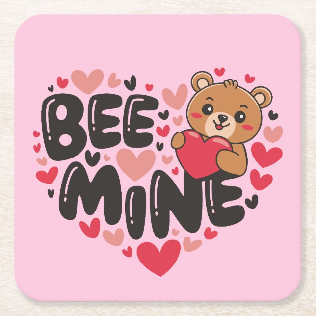 Porta-copo De Papel Quadrado Cute Bee Mine Teddy Bear Valentine's Day (Frente)