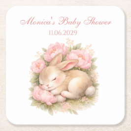 Porta-copo De Papel Quadrado Cute Bunny Rabbit Pink Blush Peony Baby Shower