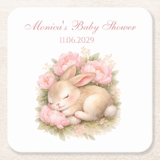 Porta-copo De Papel Quadrado Cute Bunny Rabbit Pink Blush Peony Baby Shower (Frente)