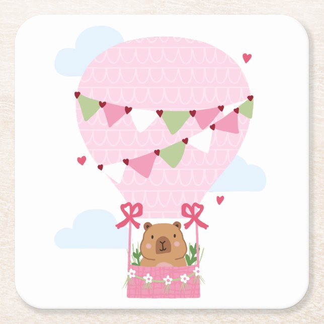 Porta-copo De Papel Quadrado Cute Capybara Hot Air Balloon Pink Birthday Party (Frente)