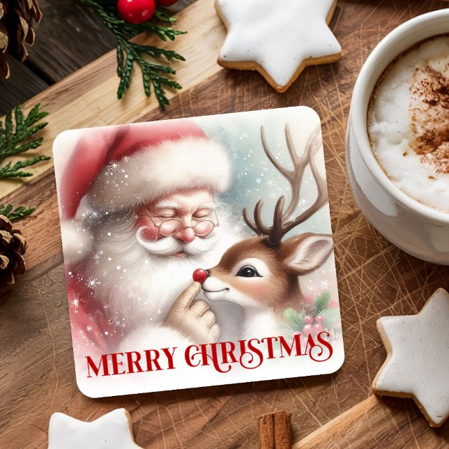 Porta-copo De Papel Quadrado Cute Cartoon Christmas Coasters Santa and Rudolph (Cute Cartoon Christmas Coasters Santa and Rudolph)
