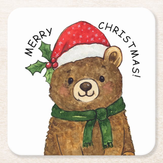 Porta-copo De Papel Quadrado Cute christmas bear with santa hat (Frente)