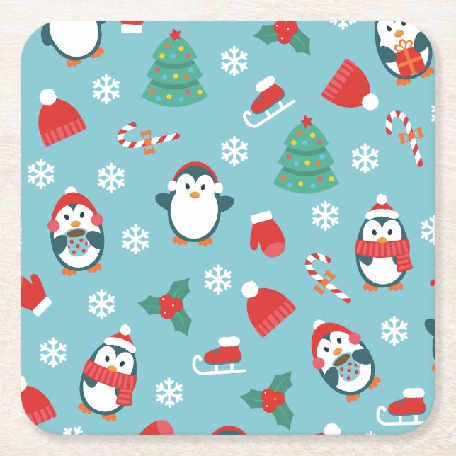 Porta-copo De Papel Quadrado Cute Christmas Penguins Pattern (Frente)