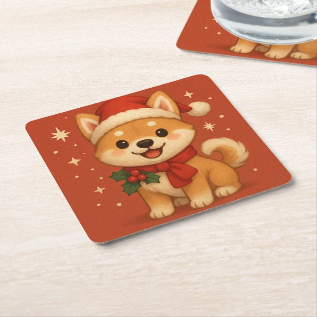 Porta-copo De Papel Quadrado Cute Christmas puppy (Inclinado)