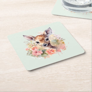 Porta-copo De Papel Quadrado Cute Deer Cercado Por Rosas