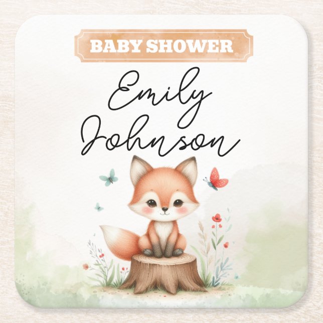 Porta-copo De Papel Quadrado Cute fox baby shower  (Frente)