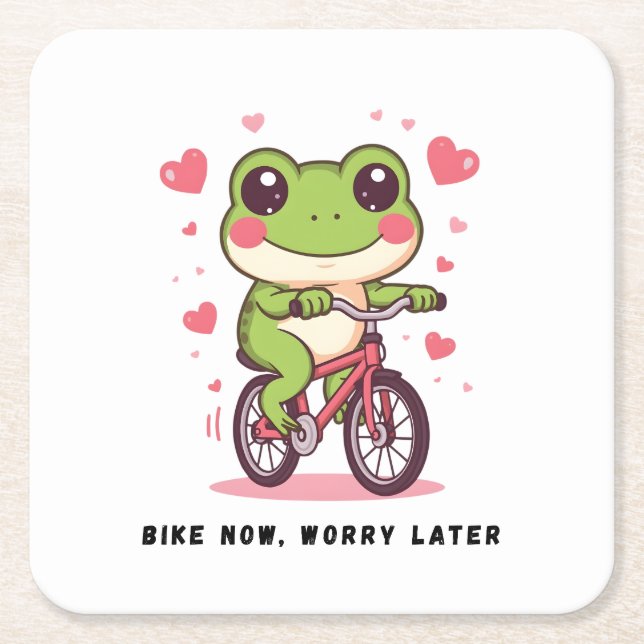 Porta-copo De Papel Quadrado Cute Frog Riding Bicycle | Funny Frog Lover Gift (Frente)