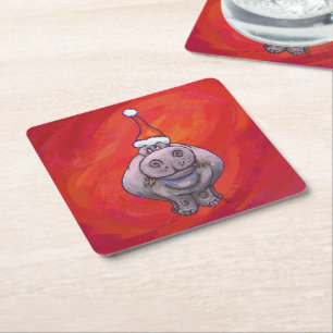 Porta-copo De Papel Quadrado Cute Hippo em Santa Hat em Vermelho