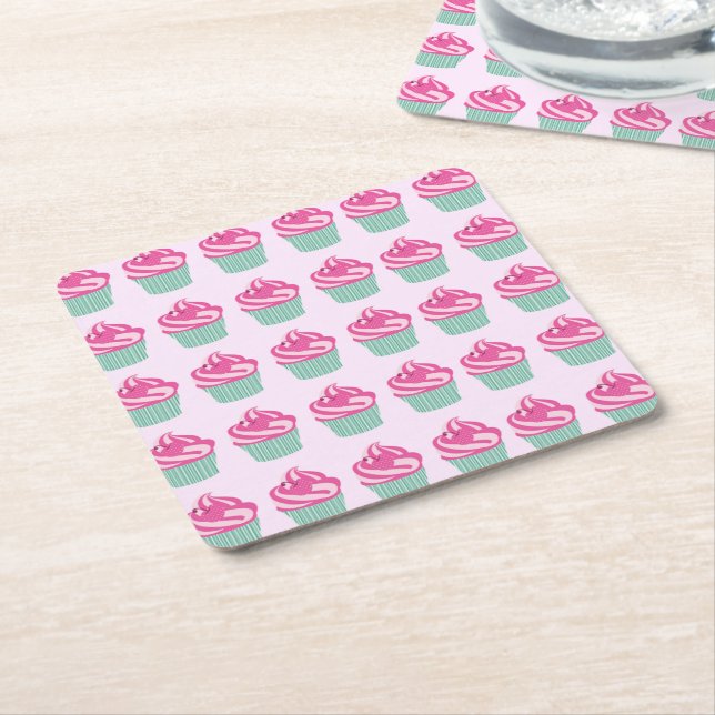 Porta-copo De Papel Quadrado Cute Pink Cupcakes Pattern Pastel Pink (Inclinado)