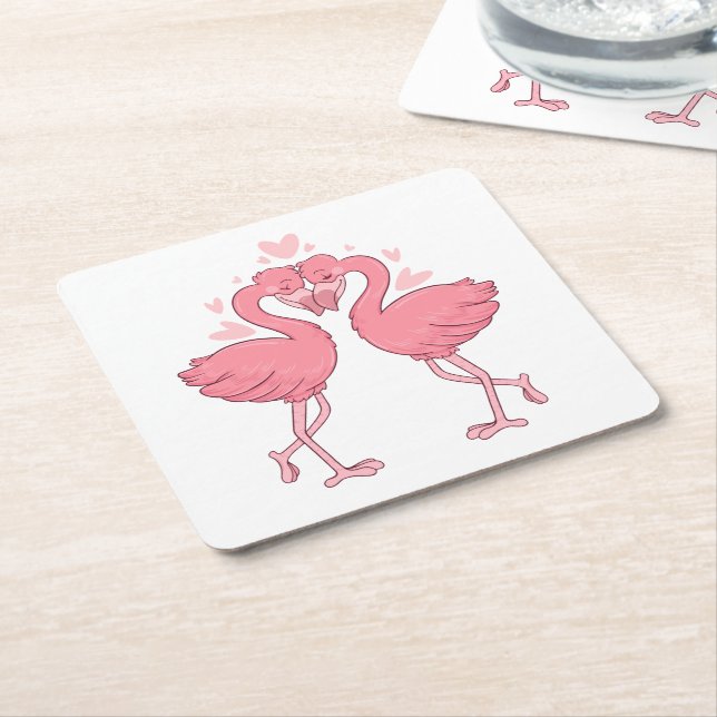 Porta-copo De Papel Quadrado Cute Pink Flamingo Tropical Beach Wedding (Inclinado)