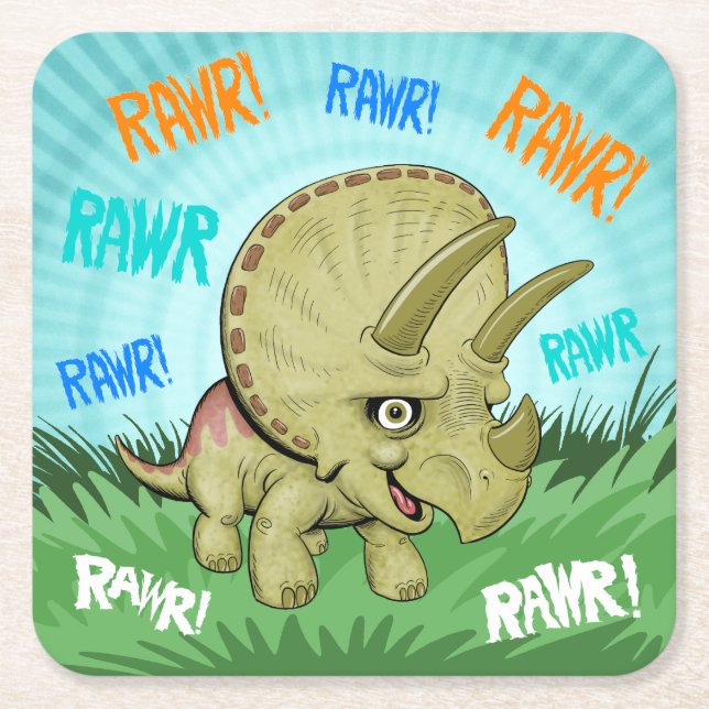 Porta-copo De Papel Quadrado Cute RAWR Triceratops (Frente)
