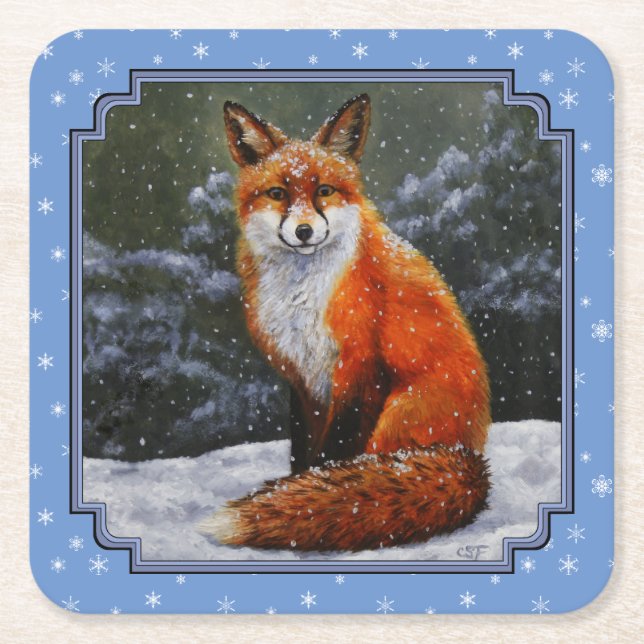 Porta-copo De Papel Quadrado Cute Red Fox in Winter Snow (Frente)