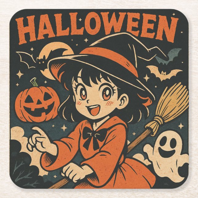 Porta-copo De Papel Quadrado Cute retro Japanese cartoon Halloween (Frente)