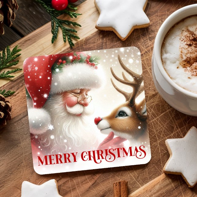 Porta-copo De Papel Quadrado Cute Santa and Rudolph Festive Holiday Coasters (Cute Santa and Rudolph Festive Holiday Coasters)