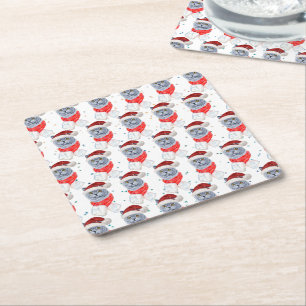 Porta-copo De Papel Quadrado Cute Silver Gray Cat With Santa Hat Christmas