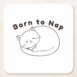 Porta-copo De Papel Quadrado Cute Sleepy Cat “Born to Nap” Line Art Design