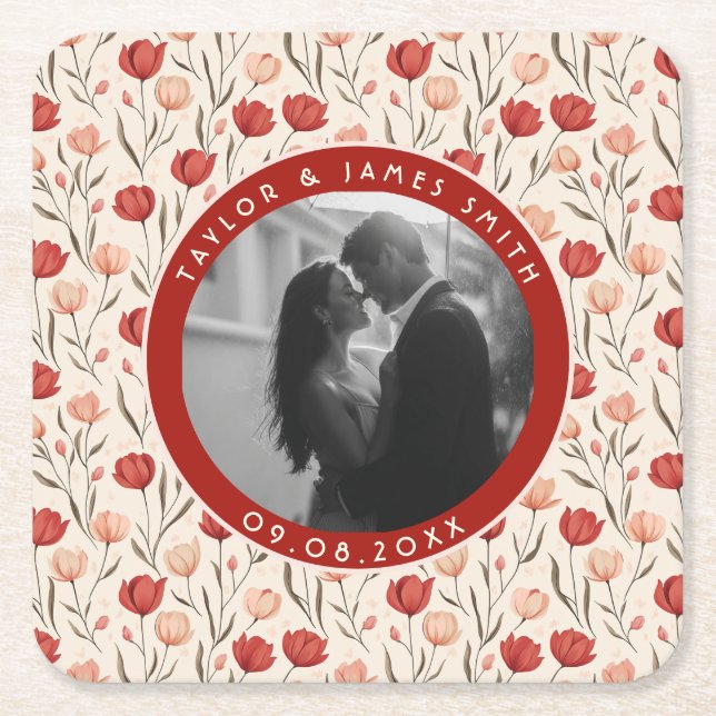 Porta-copo De Papel Quadrado Cute Tulip Budget Wedding Coaster (Frente)
