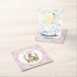 Porta-copo De Papel Quadrado Cute Watercolor Bunny Floral Wreath Easter