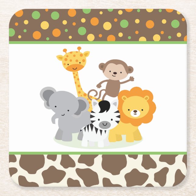 Porta-copo De Papel Quadrado Cute Wild Jungle Animals Modern Paper Coaster (Frente)