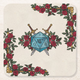 Porta-copo De Papel Quadrado D20 Rosas Monograma Casamento RPG