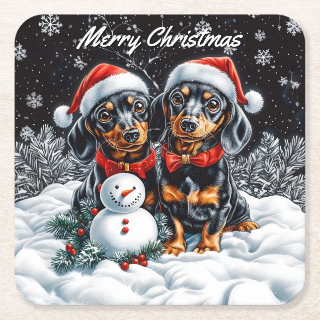 Porta-copo De Papel Quadrado Dachshances e o Natal de Snowman (Frente)