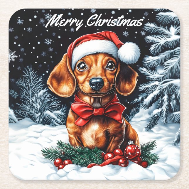 Porta-copo De Papel Quadrado Dachshund Christmas (Frente)