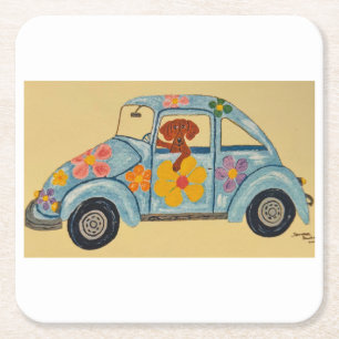 Porta-copo De Papel Quadrado Dachshund em carro hippie