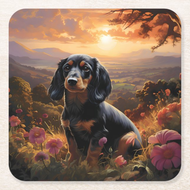 Porta-copo De Papel Quadrado Dachshund Em Dusk (Frente)