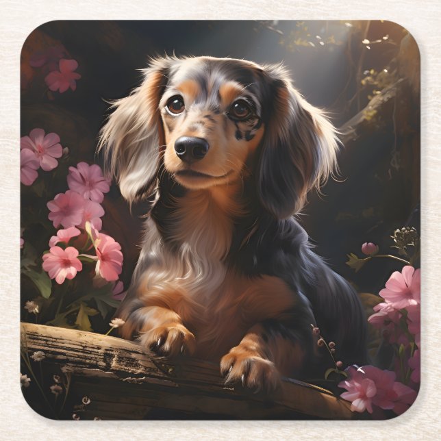 Porta-copo De Papel Quadrado Dachshund Entre Os Blooms (Frente)