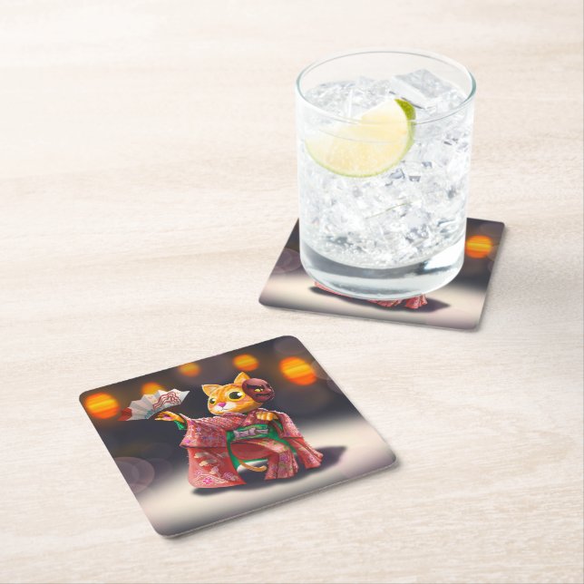 Porta-copo De Papel Quadrado Dançarina japonesa de gato em fantasia tradicional (Insitu)