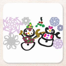 Porta-copo De Papel Quadrado Dance Snowman and Snowwoman
