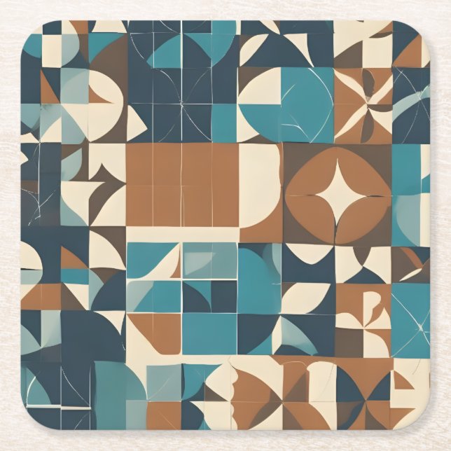 Porta-copo De Papel Quadrado Dark Blue, Teal, Brown, and Tan Geometric Pattern (Frente)