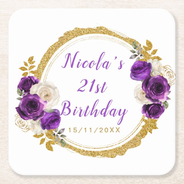 Porta-copo De Papel Quadrado Dark Purple and Gold Elegant Flower Birthday Party (Frente)