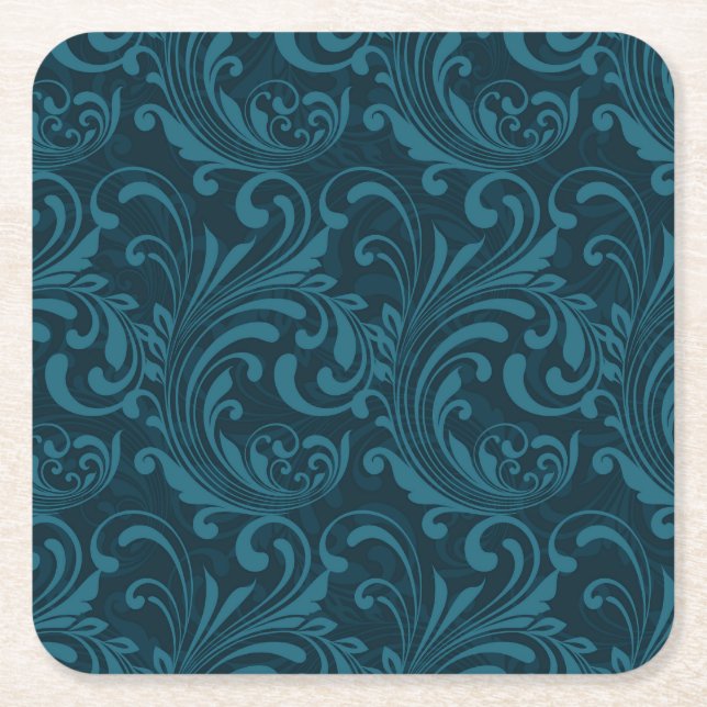 Porta-copo De Papel Quadrado Dark teal floral damask pattern (Frente)