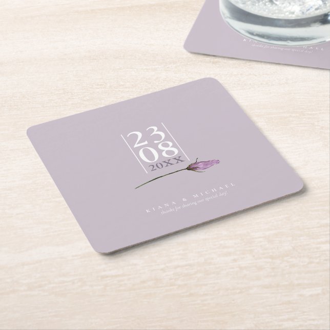 Porta-copo De Papel Quadrado Data de casamento Floral Sparkles Mauve ID889 (Inclinado)